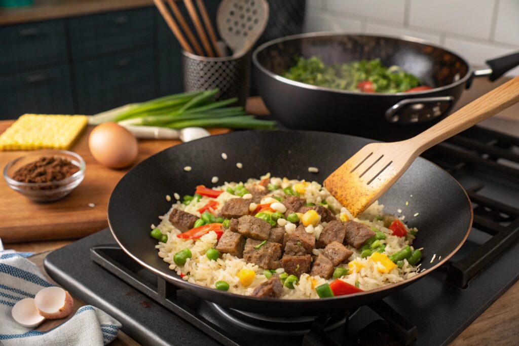 steak fried rice preparation